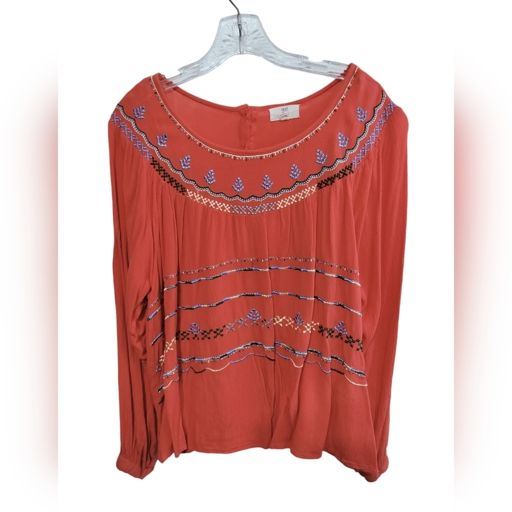 2943) Girl Soul Coral Boho Embroidered Long Balloon Sleeve Top Plus 1X
